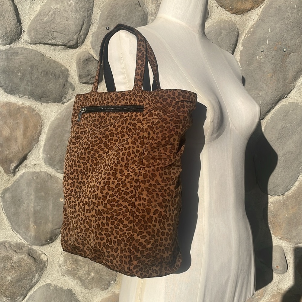Reversible Bottega Veneta nylon tote, cheetah & black w/ zip pocket & silver BV
